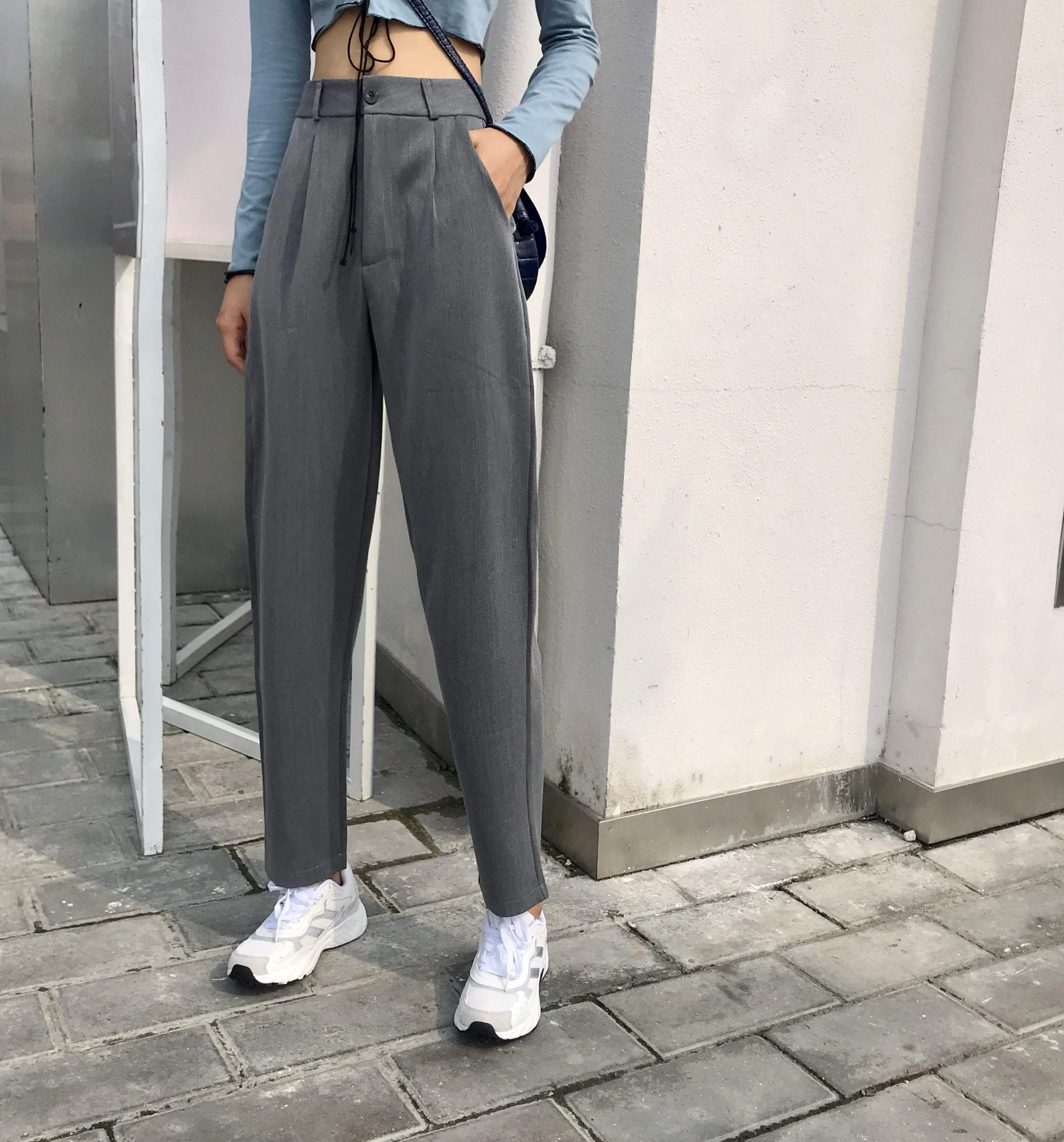 Elegant Casual Gray High Waist Straight Suit Pants