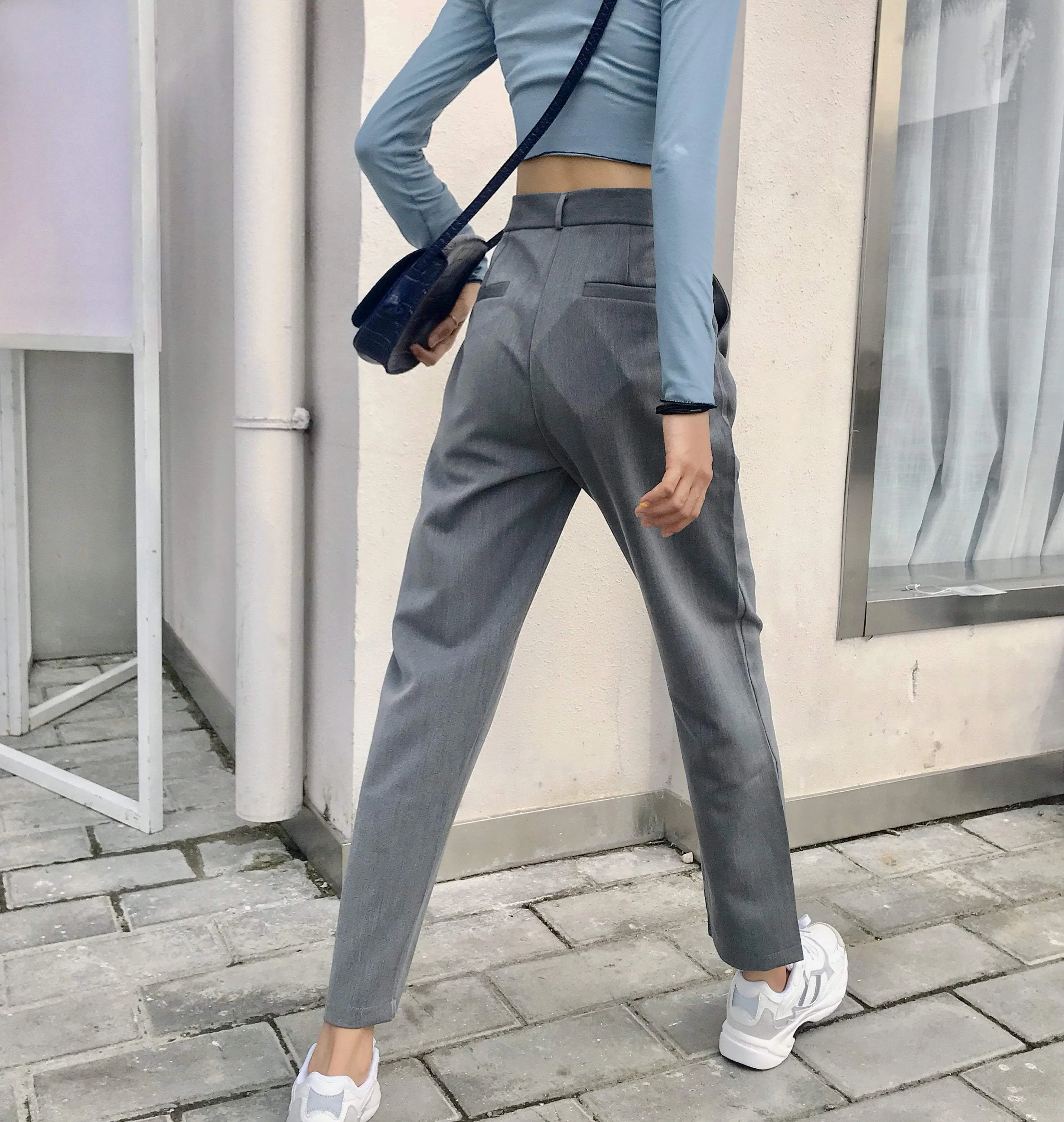 Elegant Casual Gray High Waist Straight Suit Pants