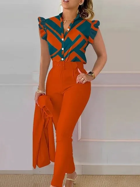 Elegant Women Printed Two Piece Suit Sets Shirt Top & Long Pants with Belt B-100094