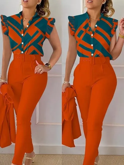 Elegant Women Printed Two Piece Suit Sets Shirt Top & Long Pants with Belt B-100094