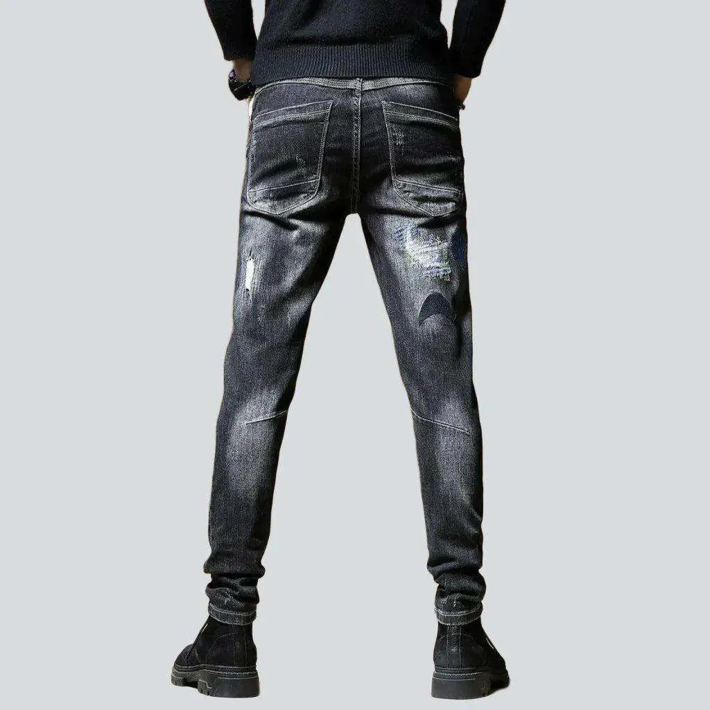 Embroidered destroyed skinny men's jeans