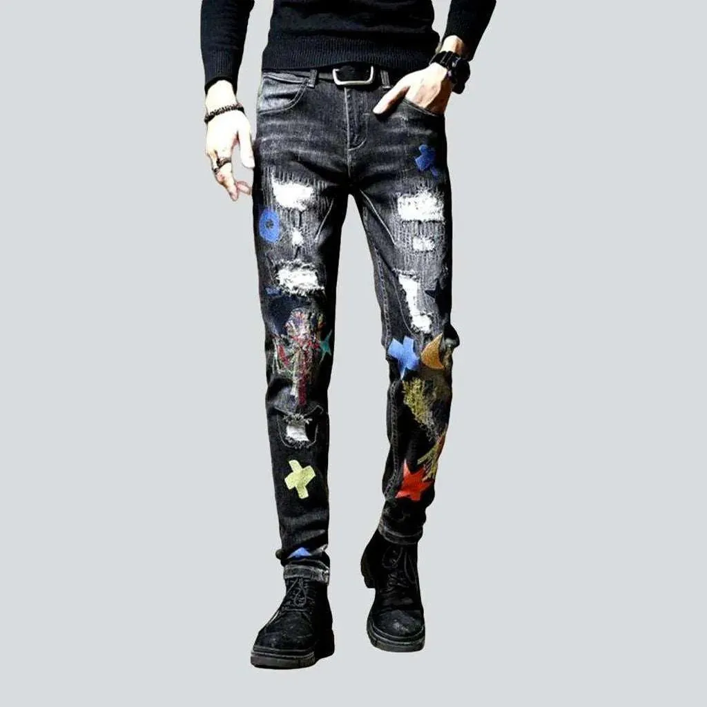 Embroidered destroyed skinny men's jeans