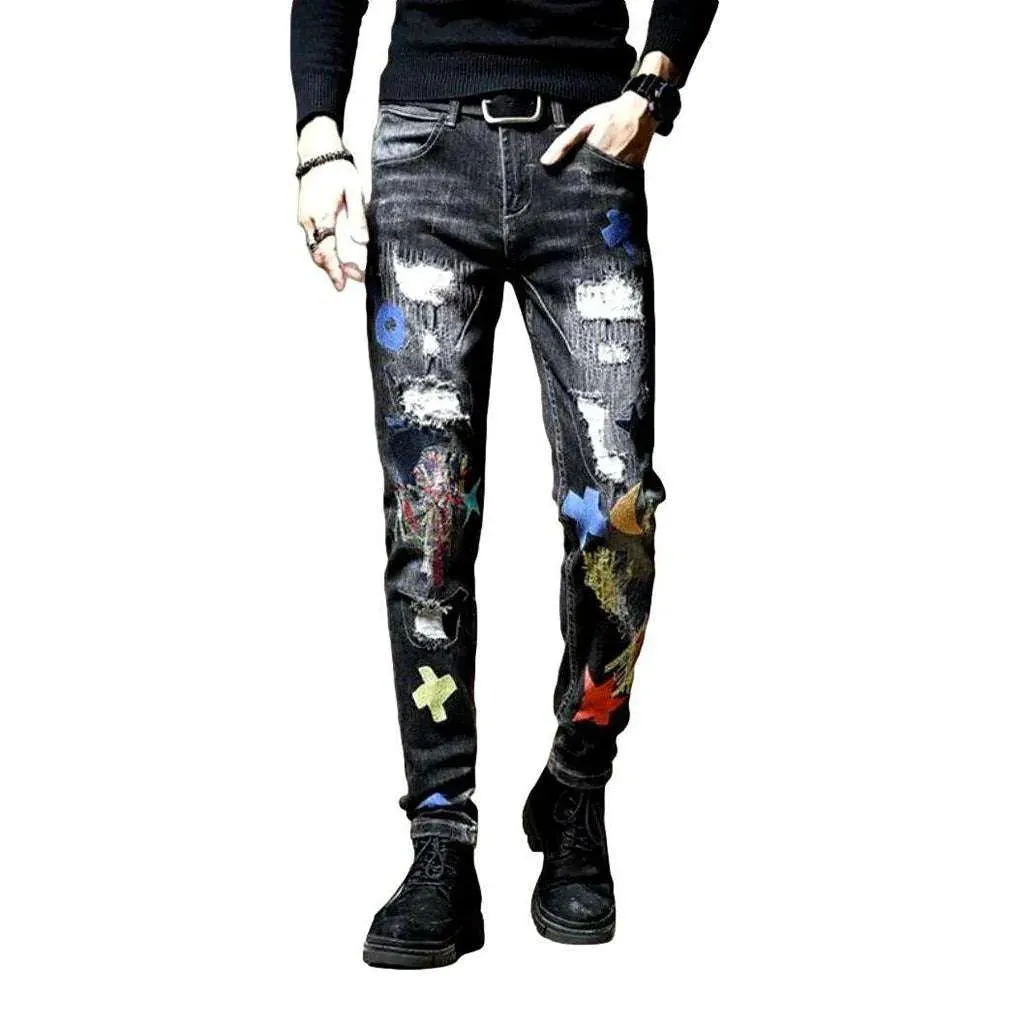 Embroidered destroyed skinny men's jeans