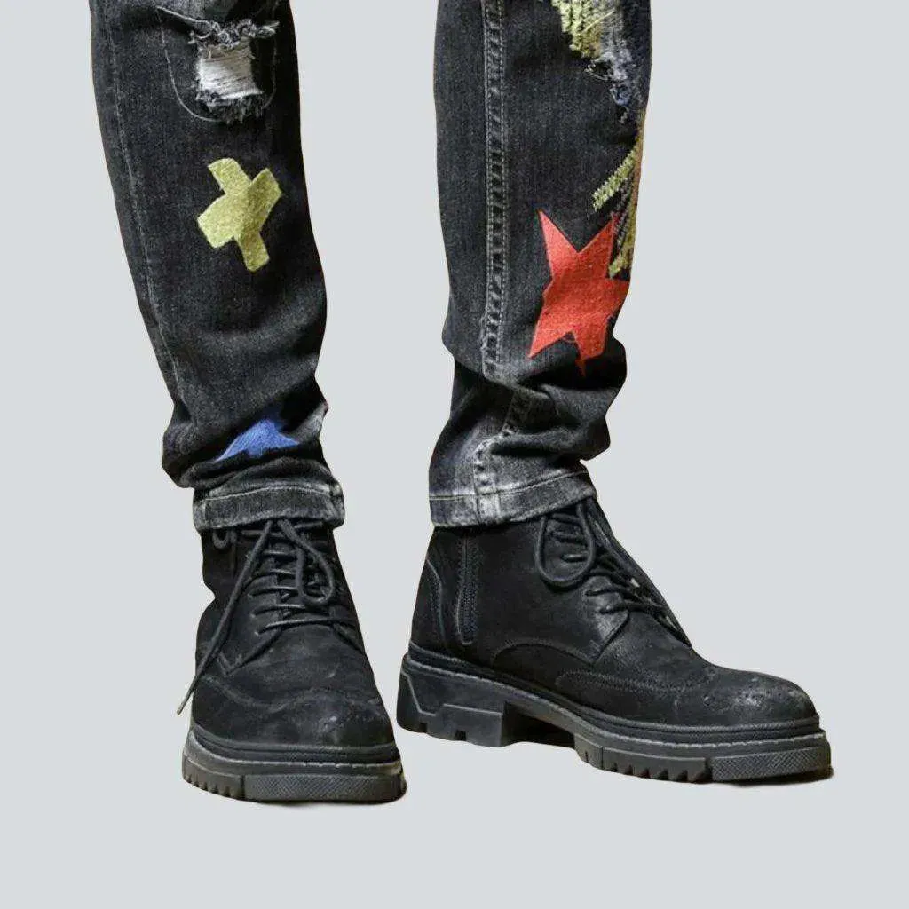 Embroidered destroyed skinny men's jeans