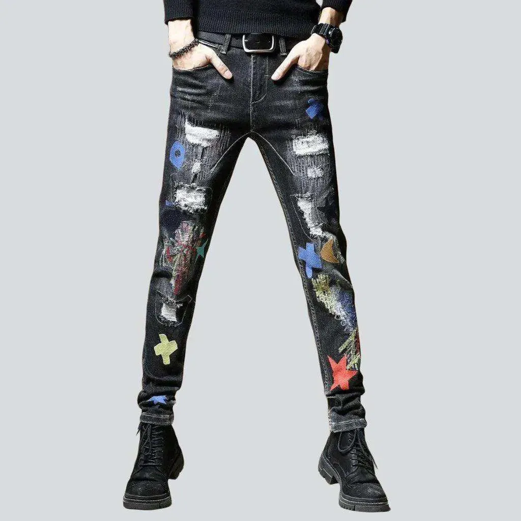 Embroidered destroyed skinny men's jeans