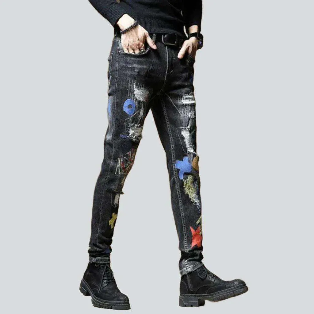 Embroidered destroyed skinny men's jeans