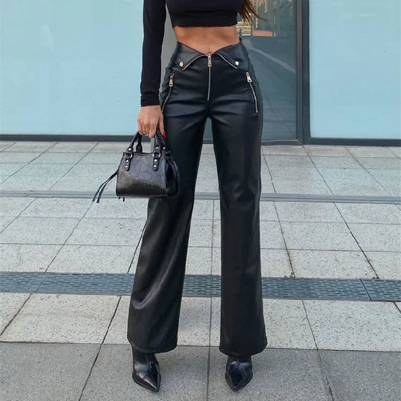 Fall Women High Waist Straight Loose Wide Leg Casual Pants Leather Pants