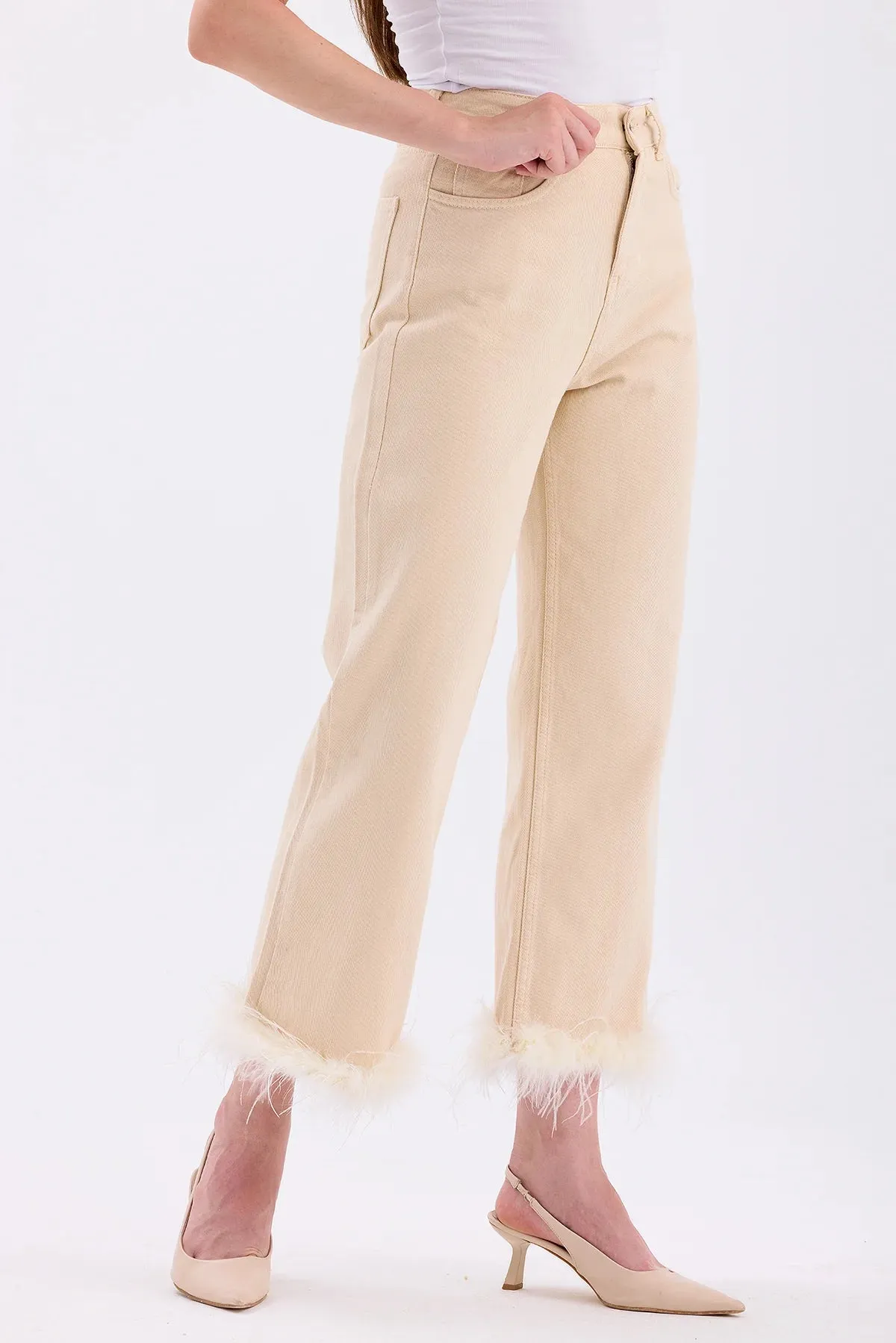 feathers Light Beige Jean Trousers