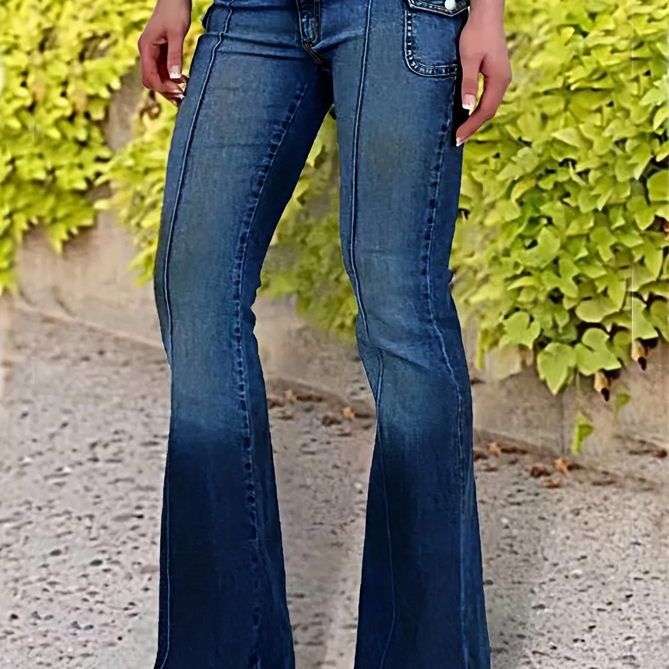 Flap Pocket Pintuck Flare Leg Jeans, Retro Washed Blue Double Buttons Bell Bottom Denim Pants, Women's Denim Jeans & Clothing