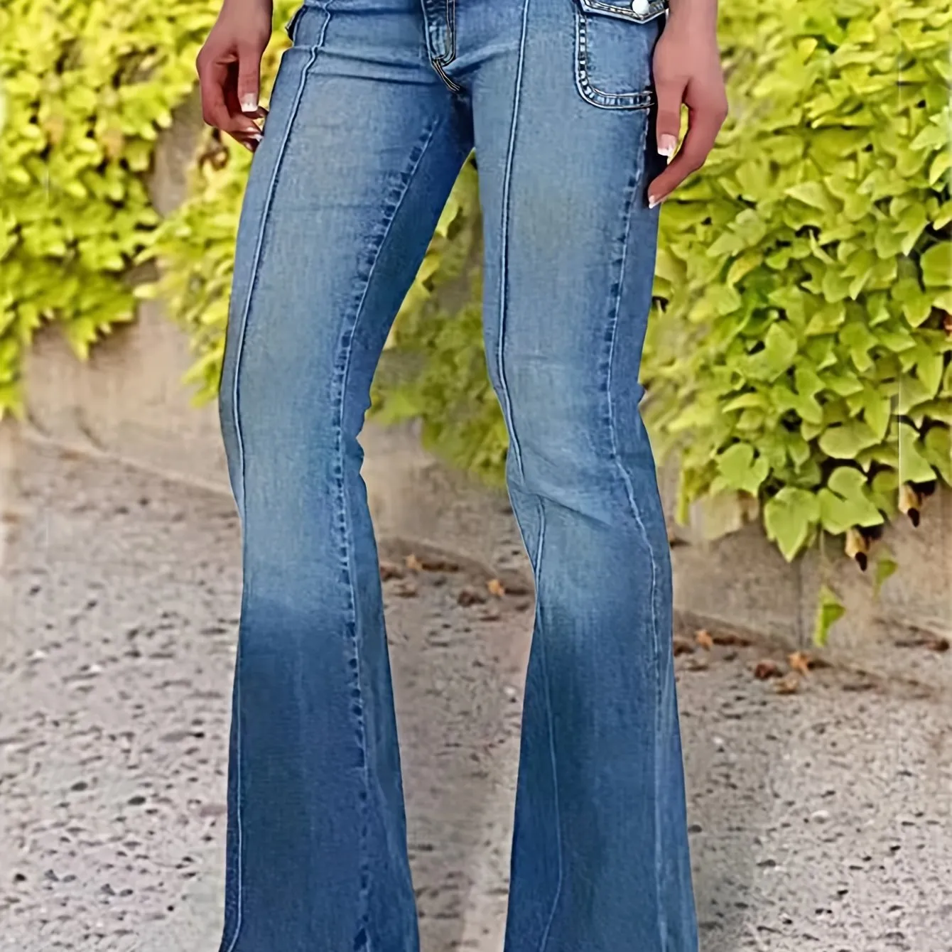 Flap Pocket Pintuck Flare Leg Jeans, Retro Washed Blue Double Buttons Bell Bottom Denim Pants, Women's Denim Jeans & Clothing