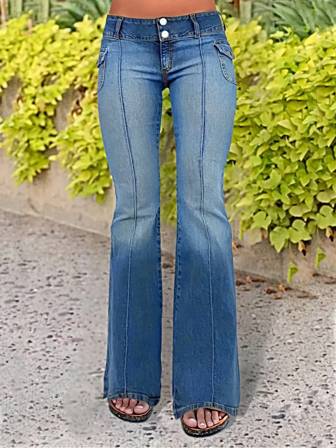 Flap Pocket Pintuck Flare Leg Jeans, Retro Washed Blue Double Buttons Bell Bottom Denim Pants, Women's Denim Jeans & Clothing