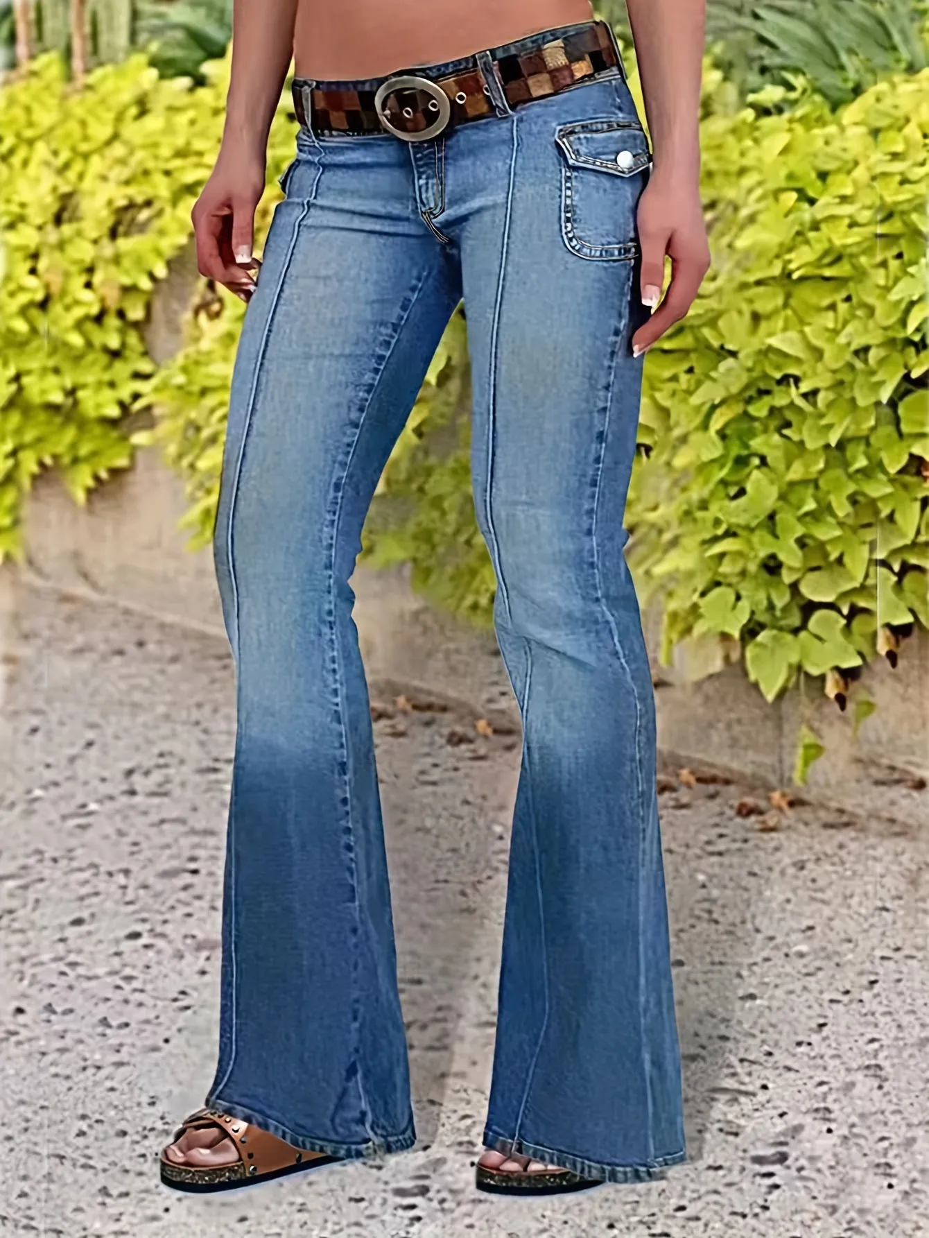 Flap Pocket Pintuck Flare Leg Jeans, Retro Washed Blue Double Buttons Bell Bottom Denim Pants, Women's Denim Jeans & Clothing