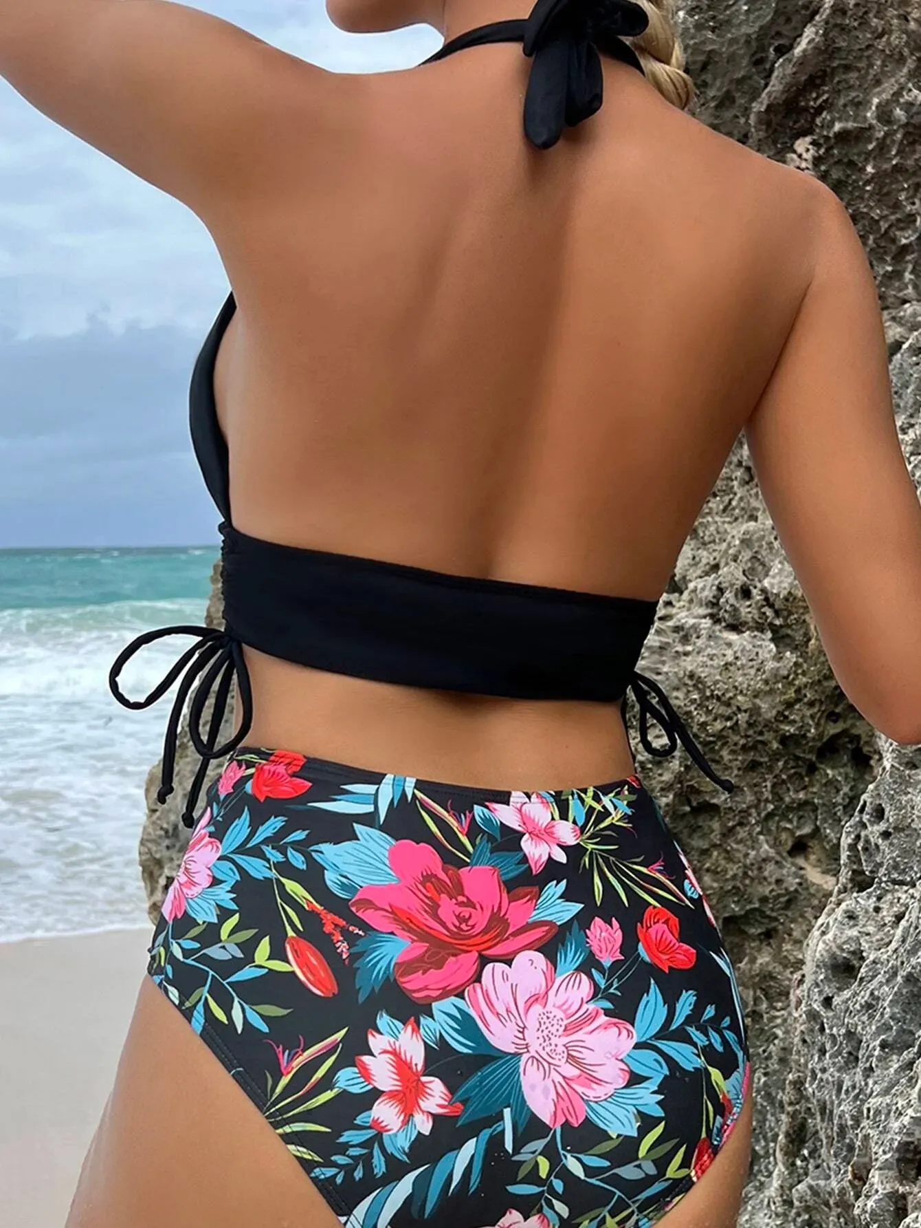 Floral Print Drawstring Side Halter Bikini Swimsuit