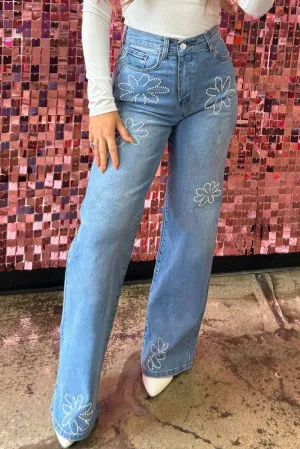 Floral Rhinestone High Rise Wide Leg Denim