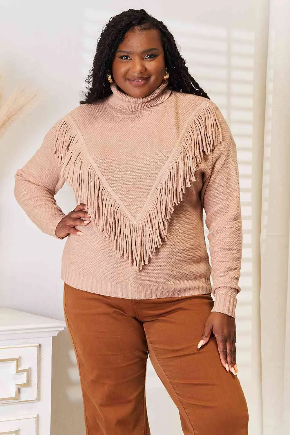 Fringe Turtleneck Long Sleeve Sweater