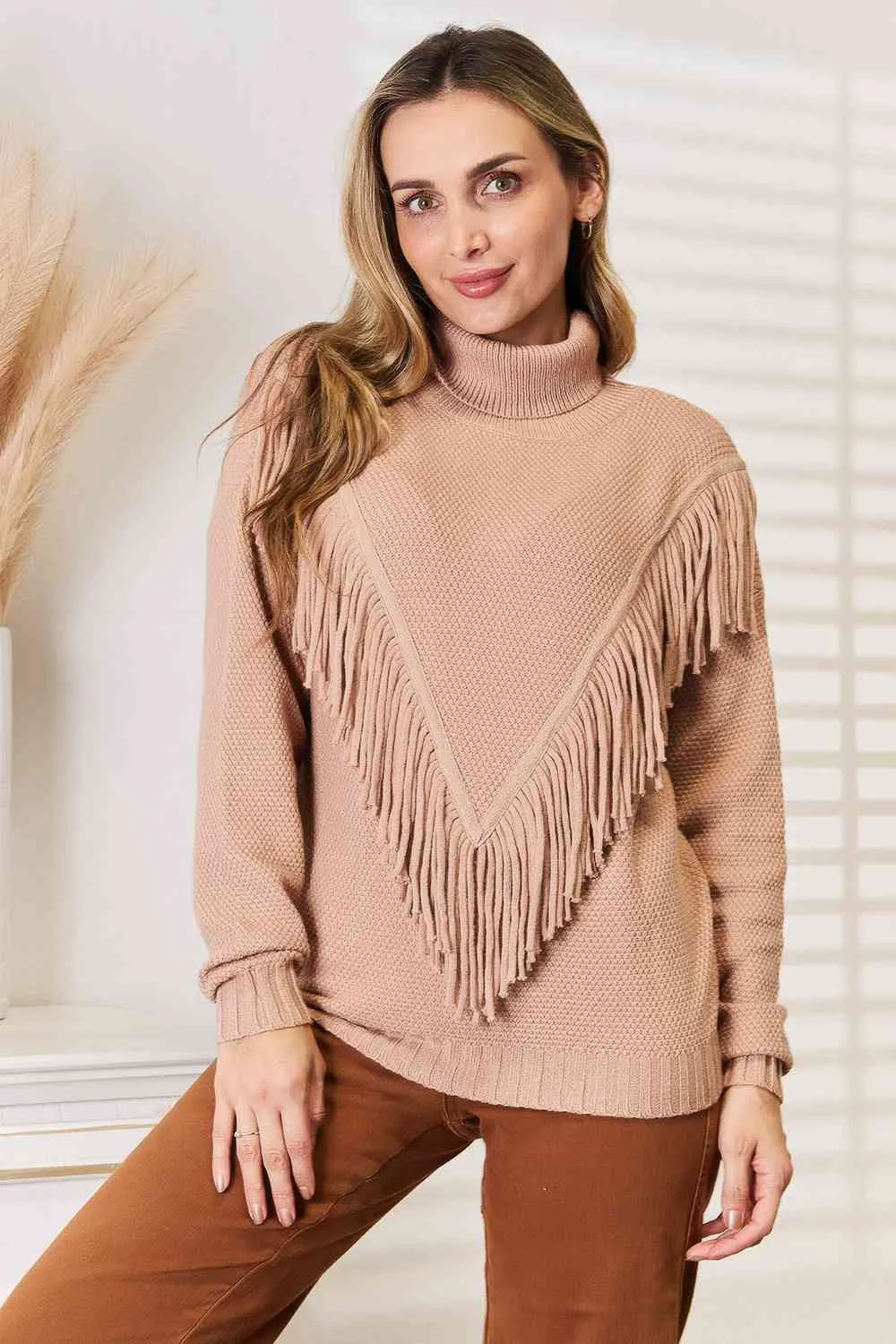 Fringe Turtleneck Long Sleeve Sweater