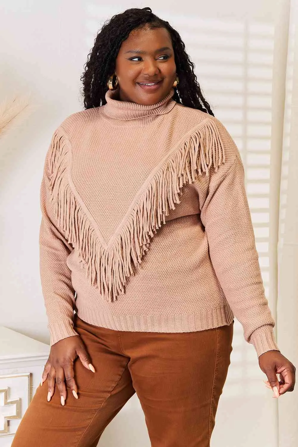 Fringe Turtleneck Long Sleeve Sweater