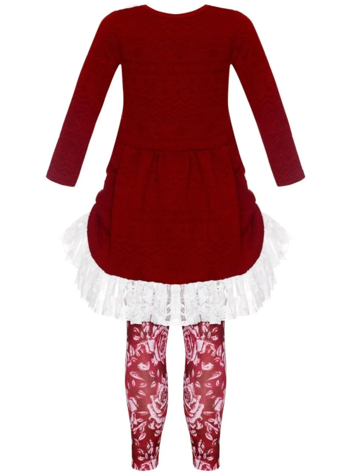 Girls Cable Knit Long Sleeve Hi-Lo Drawstring Lace Tunic And Floral Legging Set