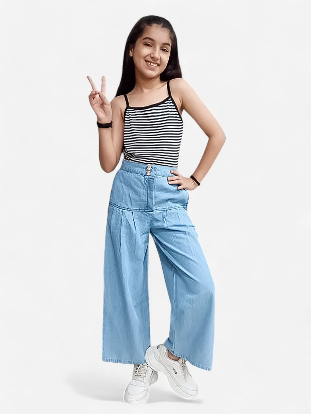 Girls Denim Pleated Jeans