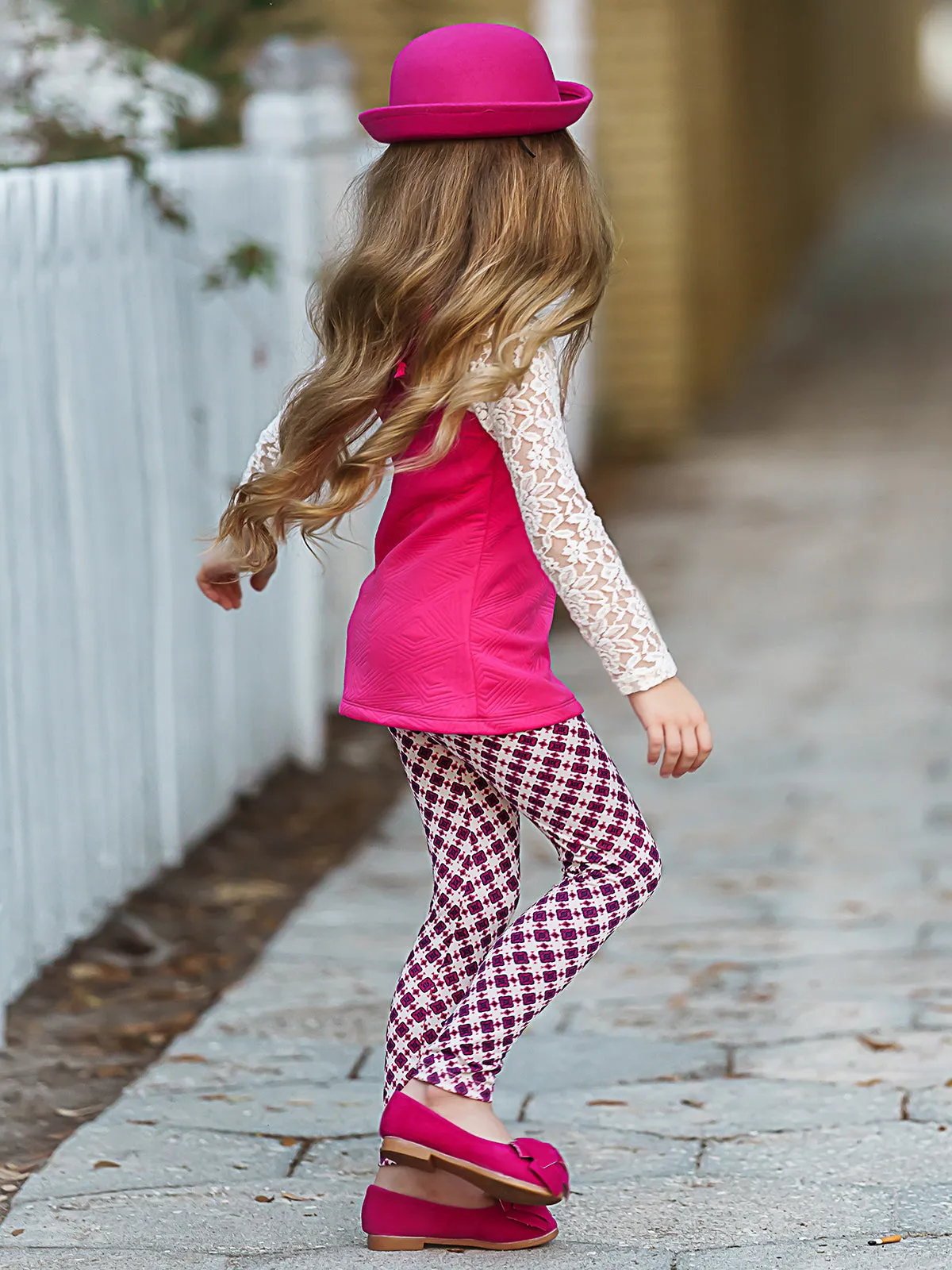 Girls Lace Long Raglan Sleeve Trimmed Tunic And Legging Set