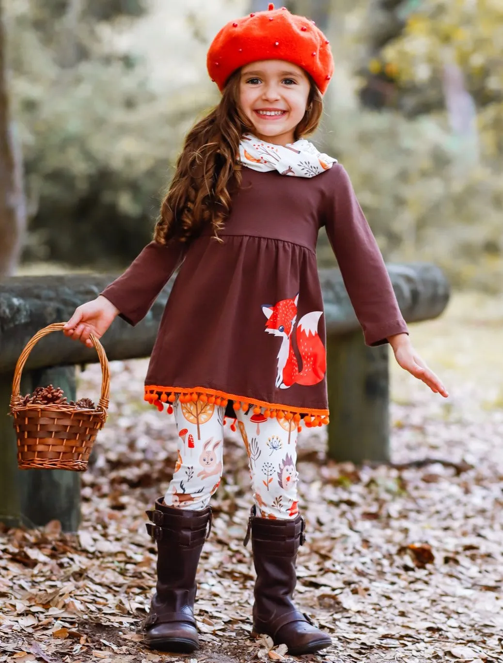 Girls Long Sleeve Fox Applique Tunic with Pom Pom Hem, Printed Leggings And Scarf Set