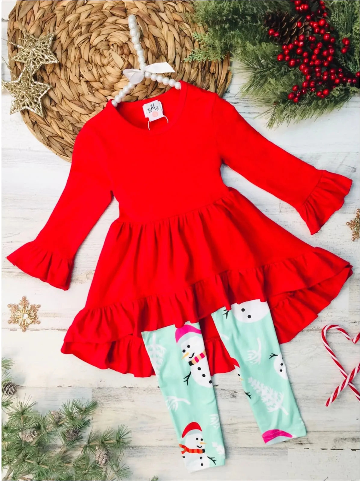 Girls Ruffled Hi-Lo Tunic And Snowman Legging Set