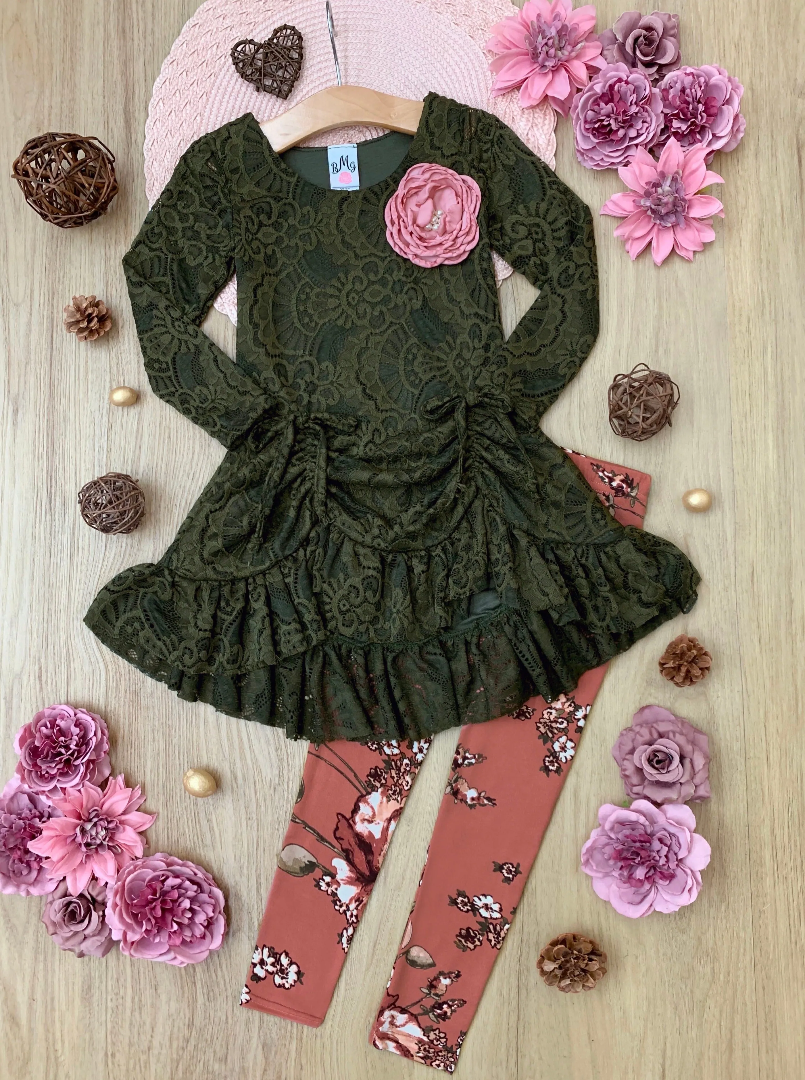 Give Me Olive Lace Drawstring Tunic and Legging Set