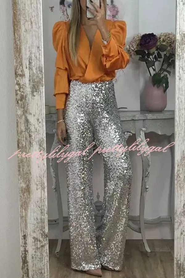 Glitzy Glamour Sequin High Rise Elastic Waist Wide Leg Pants