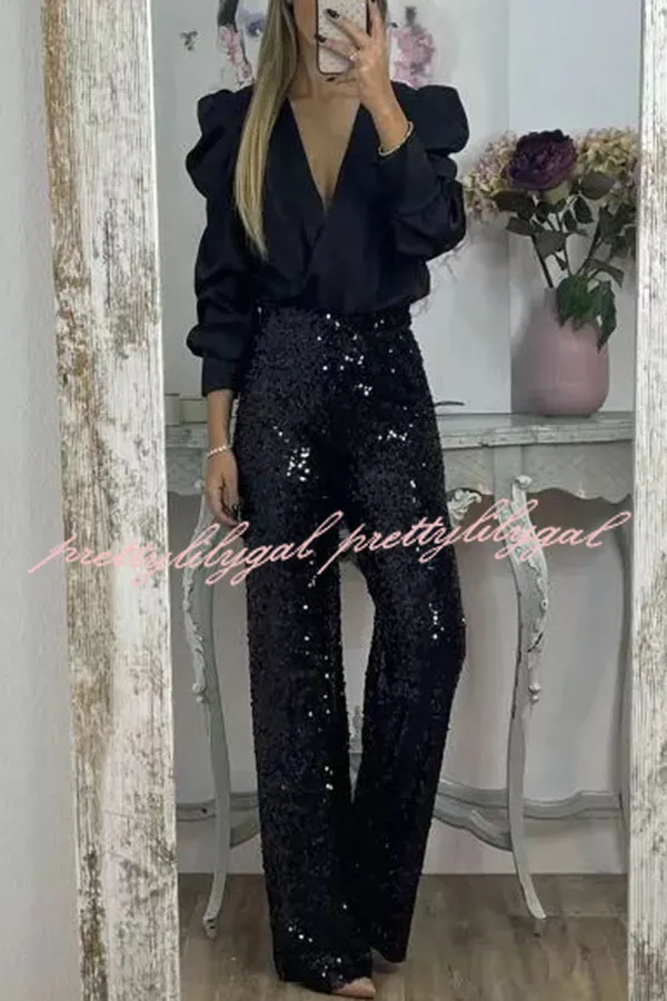 Glitzy Glamour Sequin High Rise Elastic Waist Wide Leg Pants