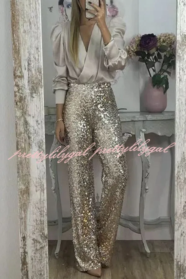 Glitzy Glamour Sequin High Rise Elastic Waist Wide Leg Pants