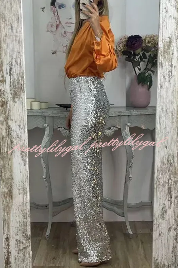 Glitzy Glamour Sequin High Rise Elastic Waist Wide Leg Pants