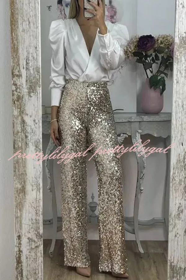 Glitzy Glamour Sequin High Rise Elastic Waist Wide Leg Pants