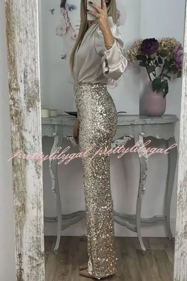 Glitzy Glamour Sequin High Rise Elastic Waist Wide Leg Pants