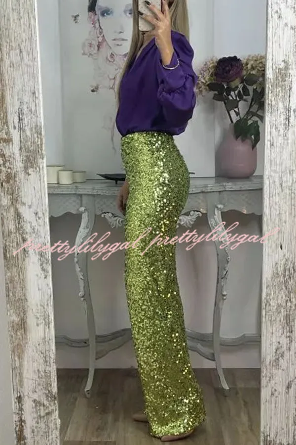 Glitzy Glamour Sequin High Rise Elastic Waist Wide Leg Pants