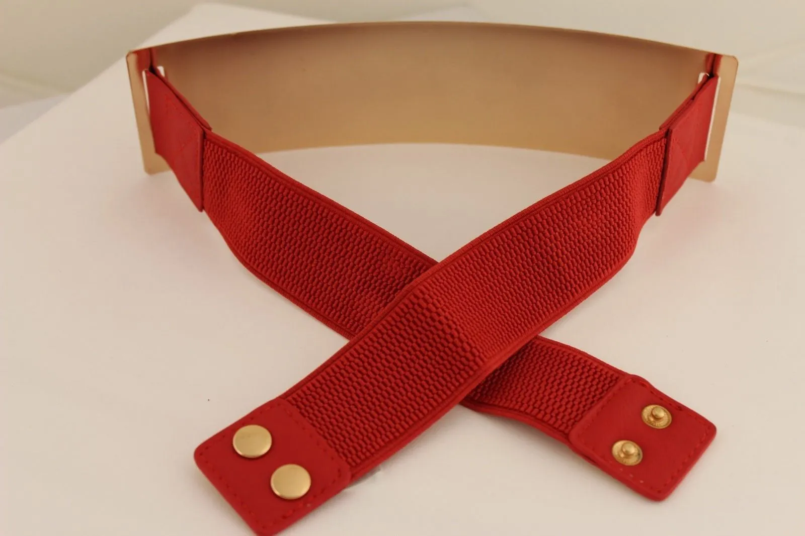 Gold Metal Rectangle Plate Colored Elastic Stretch Waistband Belt