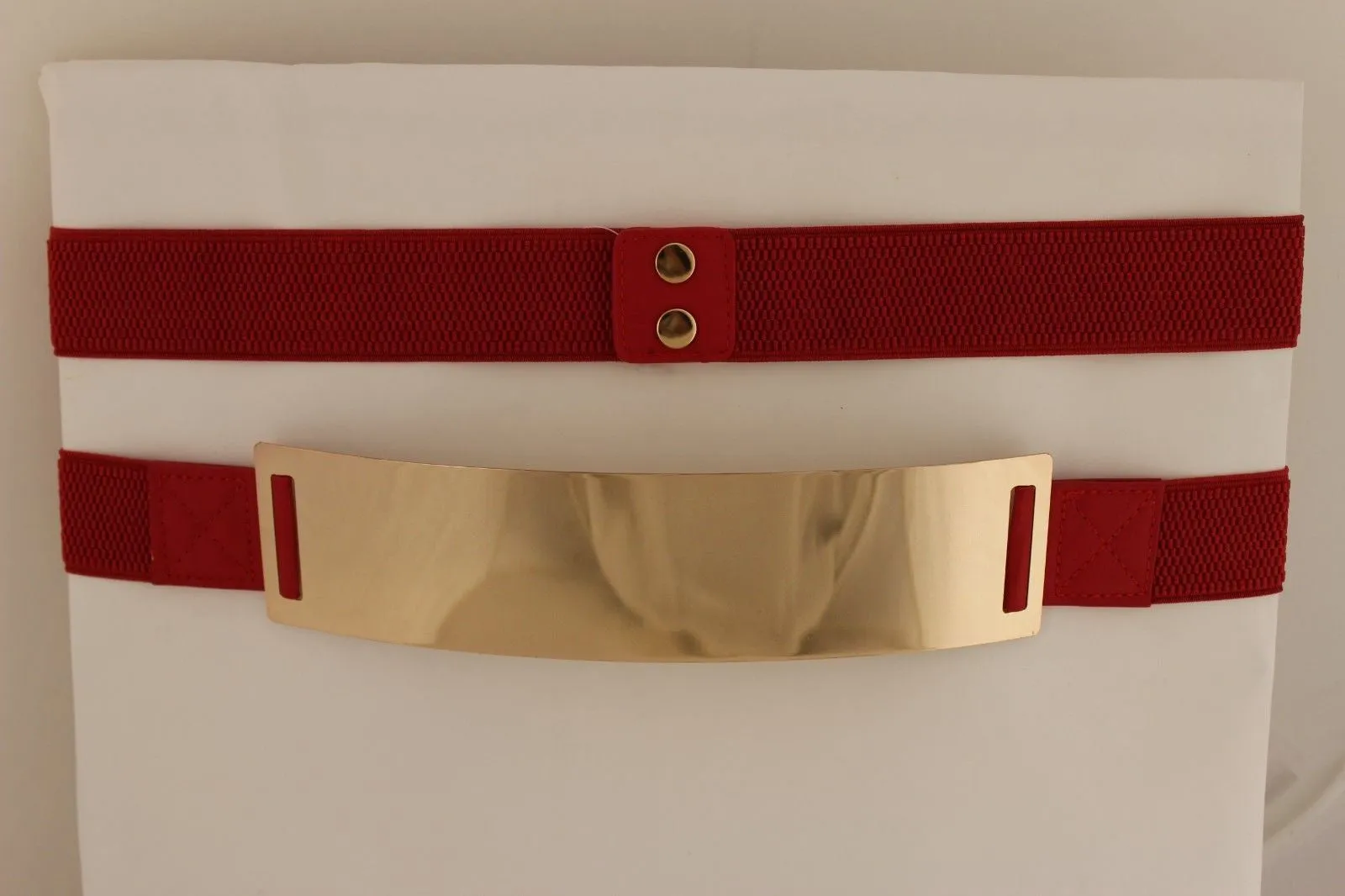 Gold Metal Rectangle Plate Colored Elastic Stretch Waistband Belt