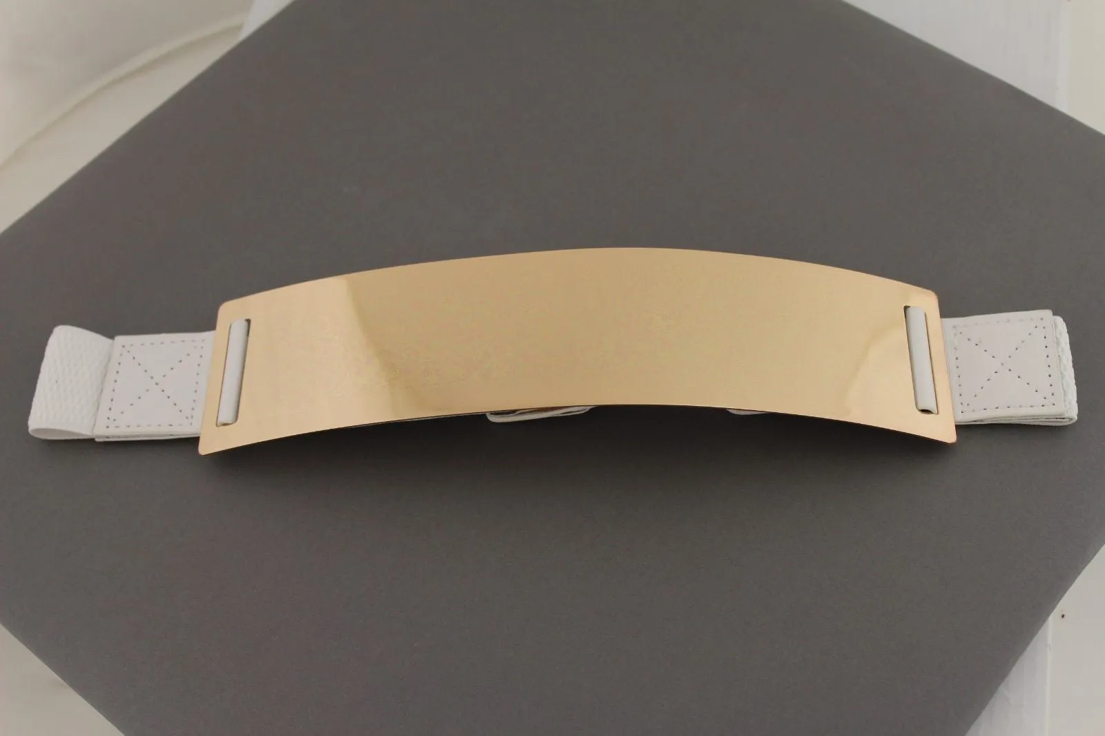 Gold Metal Rectangle Plate Colored Elastic Stretch Waistband Belt