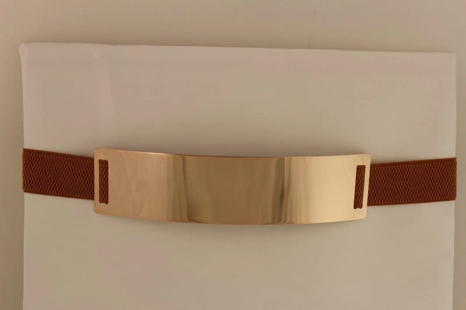 Gold Metal Rectangle Plate Colored Elastic Stretch Waistband Belt