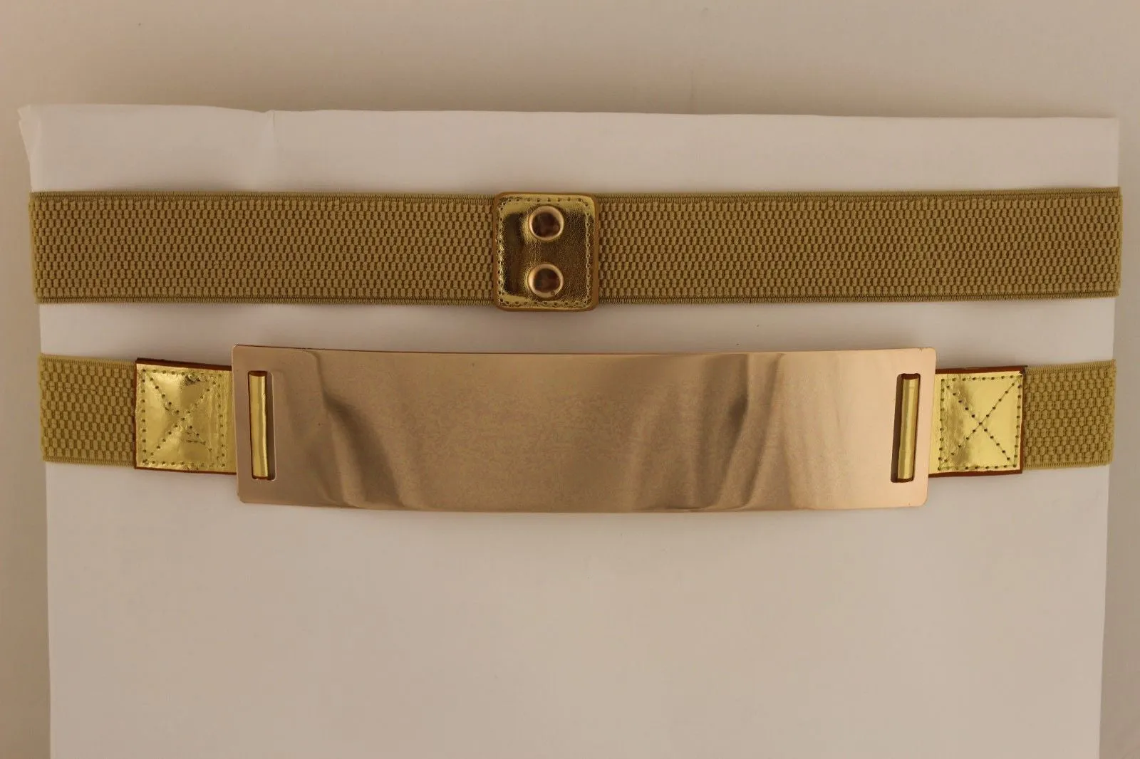 Gold Metal Rectangle Plate Colored Elastic Stretch Waistband Belt