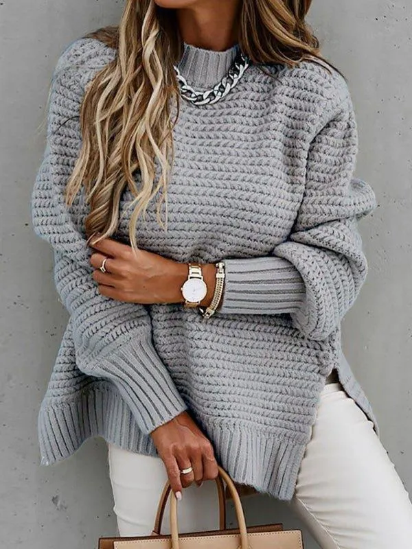 Gray Turtleneck Dropped Sleeve Sweater