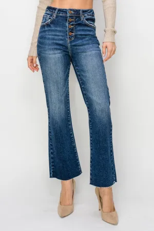 High Rise Button Closure Ankle Flare Jeans in Mid Wash - Risen Jeans