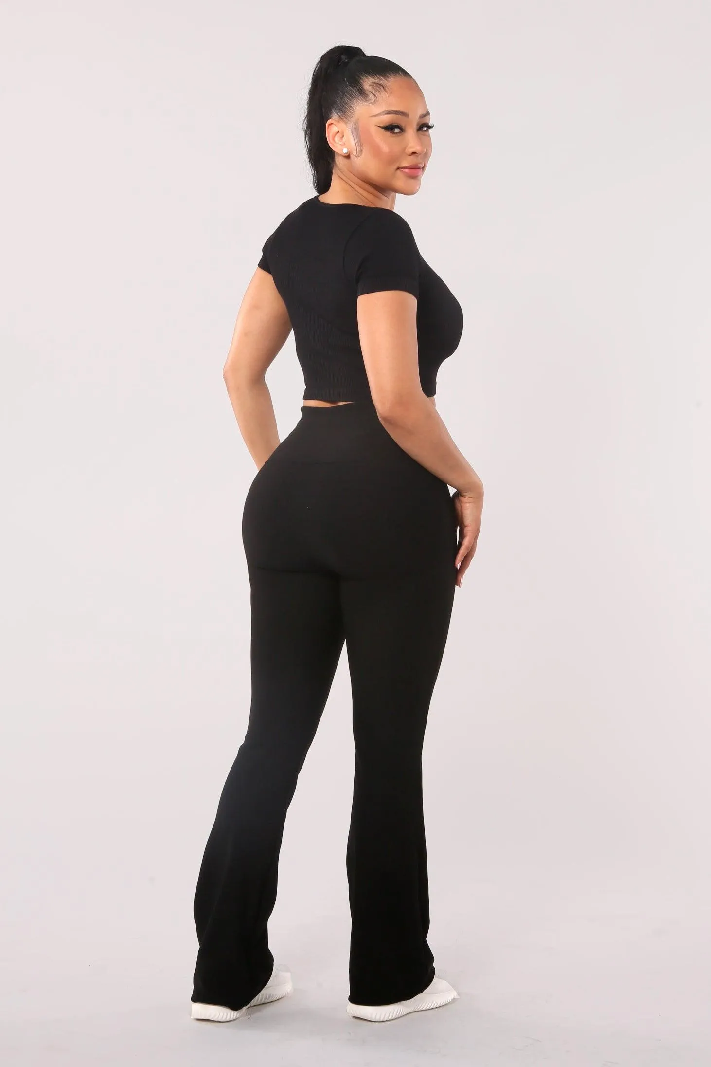 High Waist Rib Knit Tummy Control Flare Pants - Black