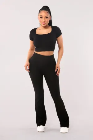 High Waist Rib Knit Tummy Control Flare Pants - Black