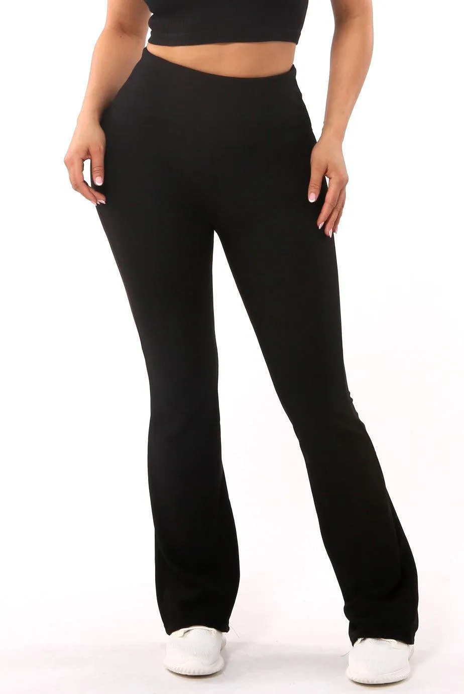 High Waist Rib Knit Tummy Control Flare Pants - Black