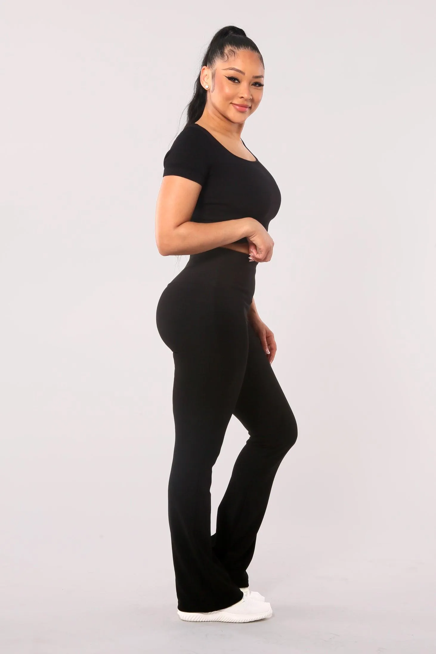 High Waist Rib Knit Tummy Control Flare Pants - Black