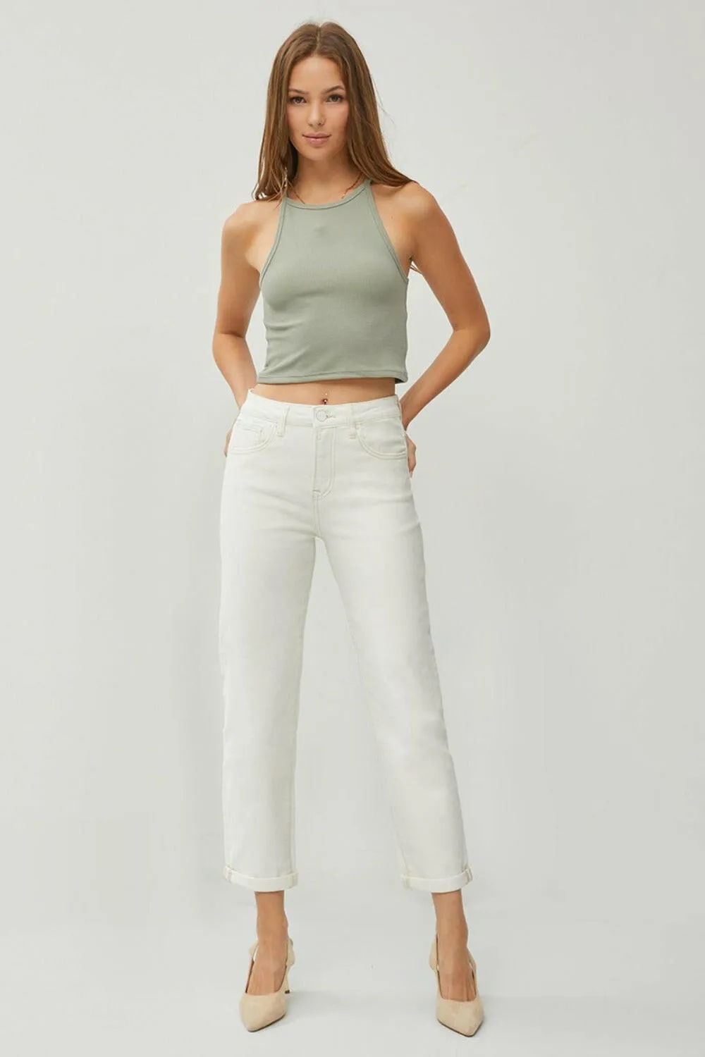 High Waist Rolled Hem Straight Jeans