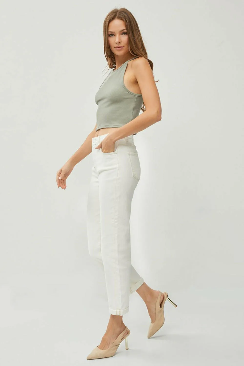 High Waist Rolled Hem Straight Jeans