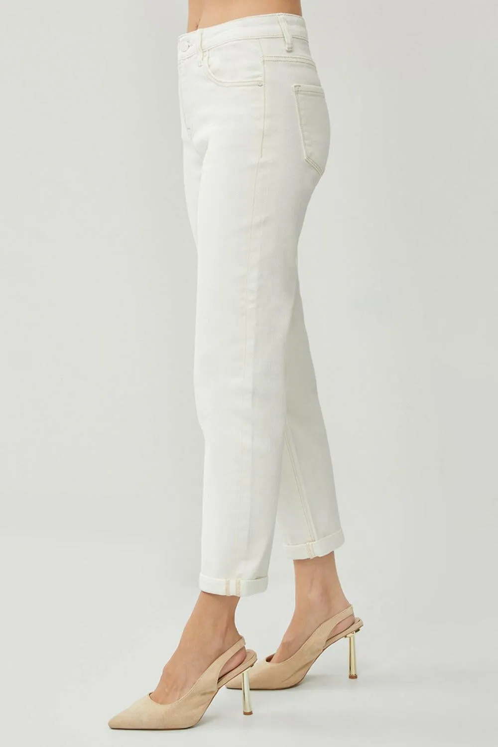 High Waist Rolled Hem Straight Jeans