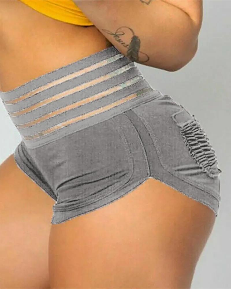 High Waist Striped Tape Ruched Sporty Shorts