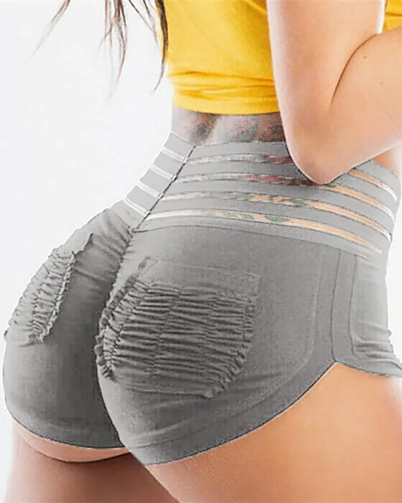 High Waist Striped Tape Ruched Sporty Shorts